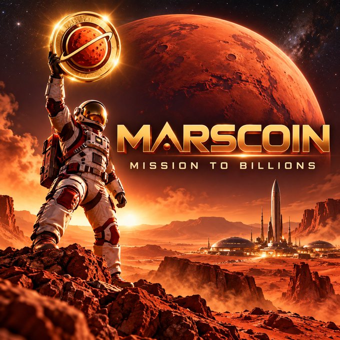 A sci-fi promotional graphic titled 'MARSCOIN - MISSION TO BILLIONS' features an astronaut holding a Mars-themed coin aloft against a backdrop of the red planet and a futuristic Mars colony.