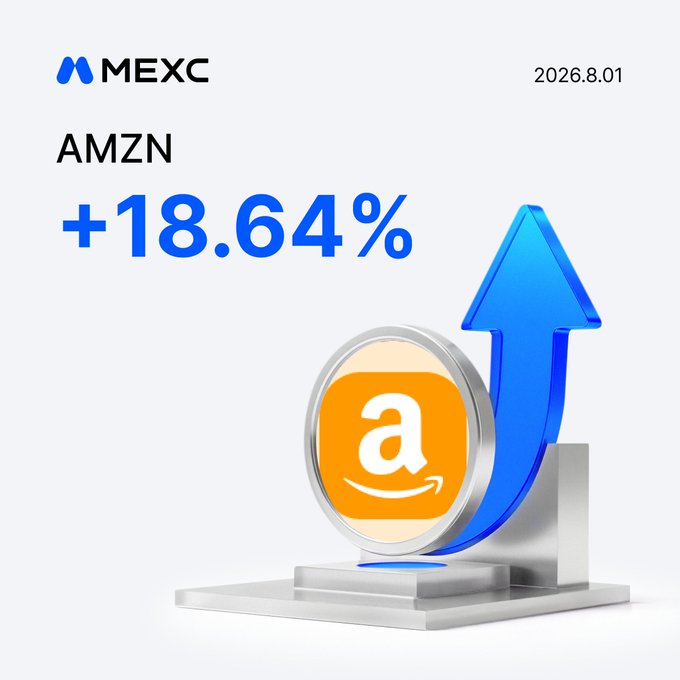 This image, displaying the MEXC logo, AMZN, and a "+18.64%" gain, visually represents the stock's upward trend, complementing the post's announcement of "AMZN mooning."