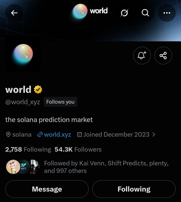 The image shows the X (Twitter) profile page for "world" (@world_xyz), a verified account with 54.3K followers describing itself as "the solana prediction market," joined December 2023. This relates to the post as it shows the official World account that the user claims to be part of the airdrop for.