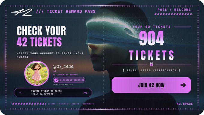 Promotional graphic for '42' (42.SPACE) ticket reward pass, showing user @0x_4444 with 904 tickets, featuring a 'JOIN 42 NOW' button and the tagline 'CHECK YOUR 42 TICKETS.'