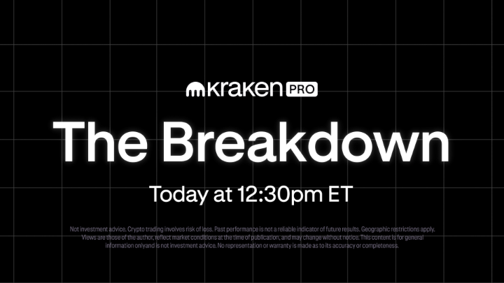 A promotional graphic for "Kraken Pro" featuring "The Breakdown" scheduled for "Today at 12:30pm ET," with a black grid background and standard crypto investment disclaimer text at the bottom. The image ties to the accompanying post by serving as the event announcement for a live discussion on Bitcoin's recent rally, ETF inflows, and upcoming catalysts like CLARITY.