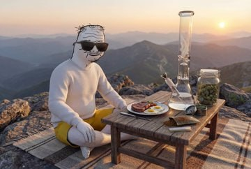 A man in a white hoodie, yellow shorts, sunglasses, and a cap sits cross-legged at a small wooden table on a mountaintop with a bong and plate of food, with a sunset behind him.