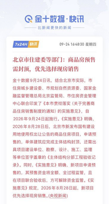 A screenshot of a news bulletin from 金十数据 (Jin10 Data) dated September 24, 2024, announces that Beijing's housing authorities will require commercial housing pre-sale projects to reach structural completion before applying for pre-sale permits, with priority given to selling completed units. The bulletin visually corroborates the accompanying post about Beijing's new property market policy taking effect, emphasizing the shift toward prioritizing the sale of finished homes over pre-sales for newly auctioned land.