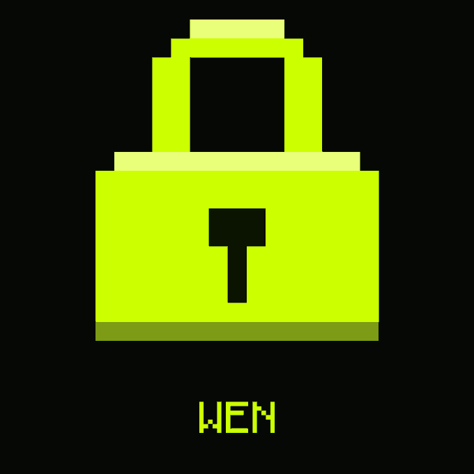 A pixel art image of a green padlock with the word 'WEM' displayed in pixel font beneath it on a black background.