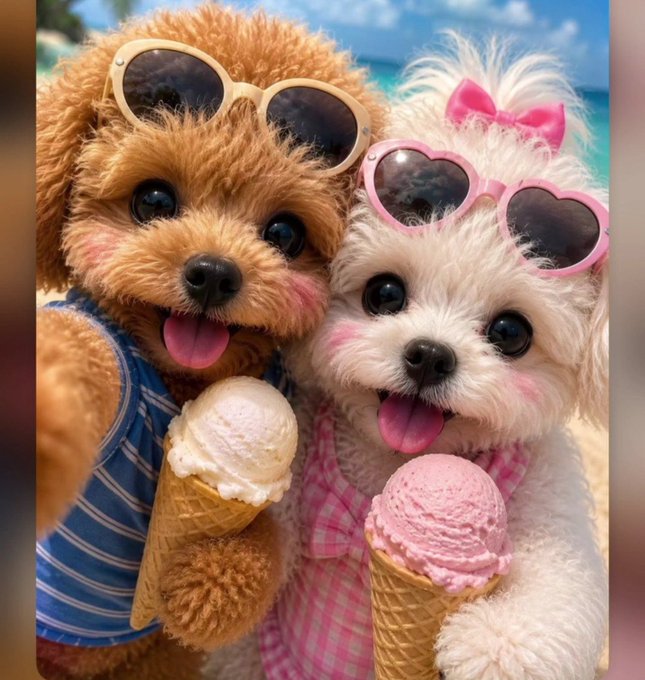 A digitally rendered image of two cute puppies wearing sunglasses and summer clothes, holding ice cream cones on a beach.