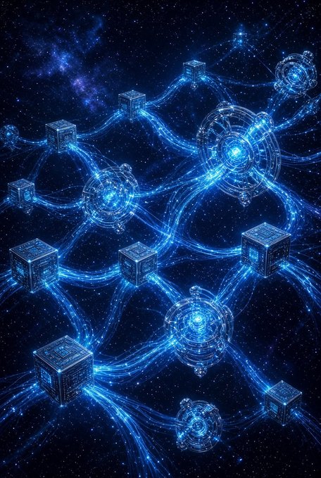 A digital artwork depicting a network of glowing blue cubes and interconnected spherical structures floating in a starry cosmic space.