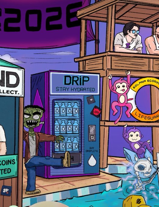 Cartoon-style illustration of a scene with a 'DRiP STAY HYDRATED' vending machine, a zombie-like figure kicking it, pink monkeys with life rings, and 'SOLANA ECOSYSTEM' signage under a '2026' banner.