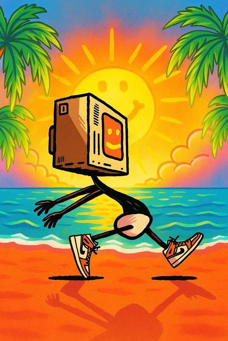 A colorful cartoon illustration of a character with a vintage computer monitor for a head running across a beach in sneakers, with a smiling sun and palm trees in the background.