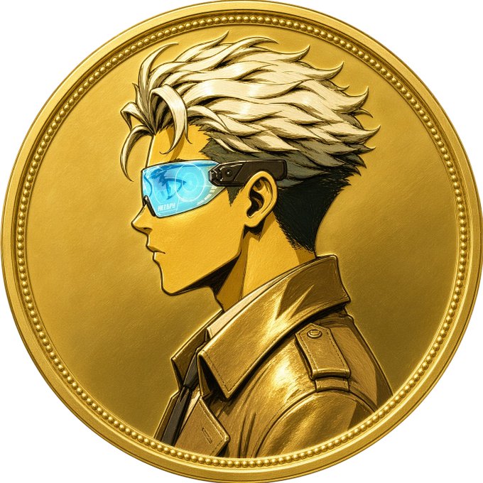 A gold coin or medallion features a profile illustration of a character with spiky blonde hair and blue visor-style glasses.