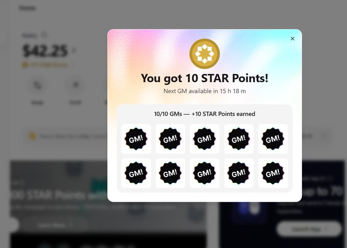 A pop-up notification overlay on a dashboard reads "You got 10 STAR Points!" with text "Next GM available in 15 h 18 m" and shows "10/10 GMs — +10 STAR Points earned" above a grid of 10 black circular badges labeled "GM!".