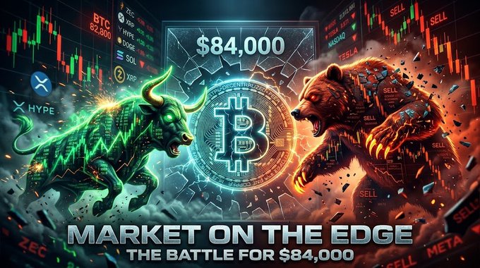 A cryptocurrency market graphic with a neon green bull facing a fiery orange bear around a Bitcoin symbol and “$84,000,” with the headline “MARKET ON THE EDGE — THE BATTLE FOR $84,000.”