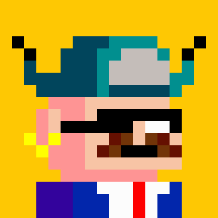 A pixel art character on a yellow background depicting a figure with blue hair, sunglasses, a mustache, and horns, wearing a blue outfit with a red tie.