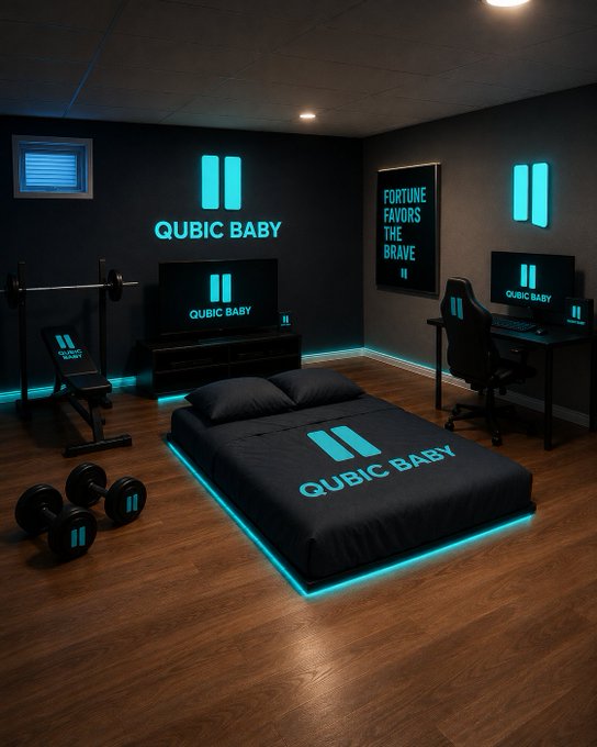 A neon-lit bedroom features "QUBIC BABY" branding throughout, including on the illuminated wall sign, TV screen, computer monitors, bedding, dumbbells, and a motivational poster reading "FORTUNE FAVORS THE BRAVE," visually reinforcing the post's bullish confidence in $QUBIC and its prediction that the token will reach $0.00063 with patience rather than luck.