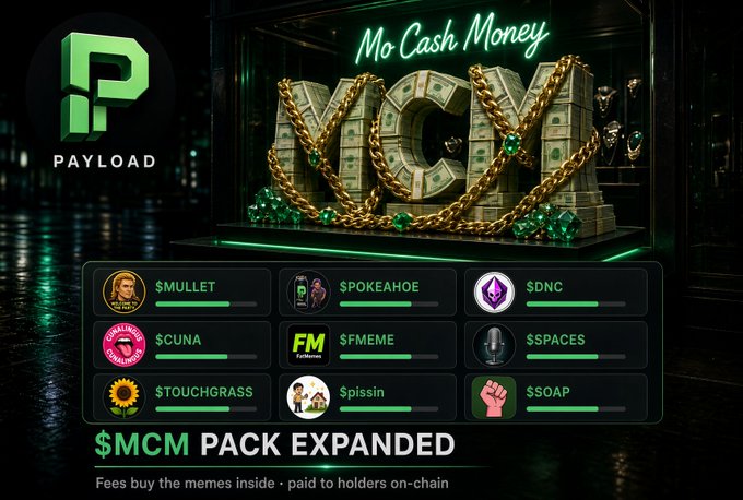 A promotional graphic for 'Payload' featuring a 'Mo Cash Money' theme with stacks of cash and gold chains. It lists meme tokens in the '$MCM PACK EXPANDED' including $MULLET, $POKEAHOE, $DNC, $CUNA, $FMEME, $SPACES, $TOUCHGRASS, $pissin, and $SOAP.