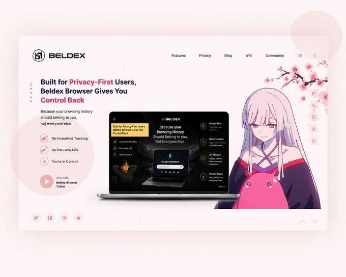 A promotional webpage for Beldex Browser highlighting privacy-first features including no unwanted tracking, no intrusive ads, and user control, accompanied by an anime-style character with white hair.