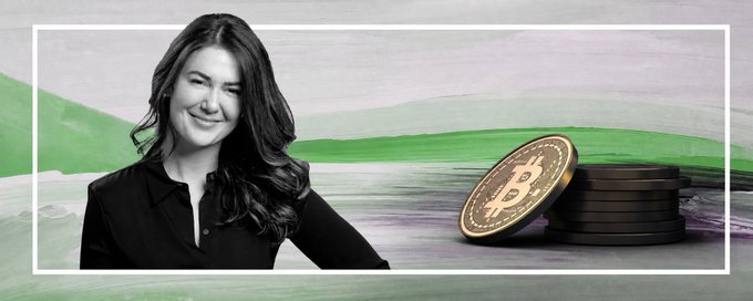The image shows a black-and-white portrait of Meltem Demirors smiling, positioned next to a stack of gold Bitcoin tokens against a green and lavender brushstroke background, visually reinforcing her quote about Bitcoin being "the wrong token" as crypto capital shifts toward AI and compute.