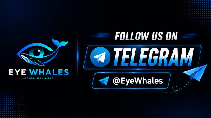 A promotional graphic with a dark blue background featuring the "EYE WHALES" logo—a stylized whale with an eye motif—and text encouraging viewers to "FOLLOW US ON TELEGRAM" at the handle "@EyeWhales," directly corresponding to the post's call-to-action for joining their Telegram channel for crypto news and market updates.