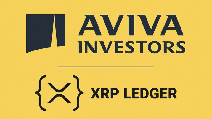 The image features a yellow background displaying the "AVIVA INVESTORS" logo at the top alongside the "XRP LEDGER" logo below it, visually representing the partnership highlighted in the post about the Central Bank of Ireland's approval of the first CBI-approved tokenized fund issued on the XRP Ledger by Aviva Investors—a significant institutional milestone for #XRPL.