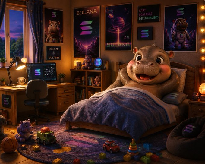 An AI-generated image of a chubby hippo character in a bedroom decorated with Solana cryptocurrency posters and branding.