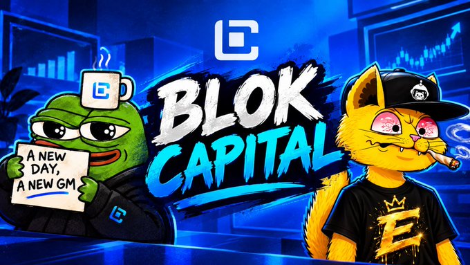 Promotional artwork for "BLOK CAPITAL" features the green frog and cat mascots wearing merchandise, set against monitors showing financial charts.