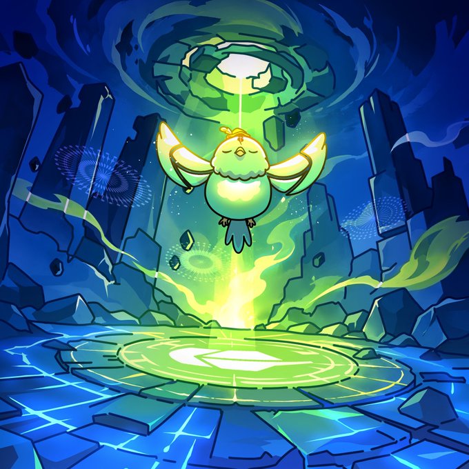 A glowing green cartoon bird with outstretched wings hovers above a mystical rune circle in a dark, cavernous setting, emitting a bright green beam of light from the sky. The image represents the "Fwog" token, a coin by artist @FroggyCyborg mentioned in the post, symbolizing bullish potential and art-driven crypto gains.