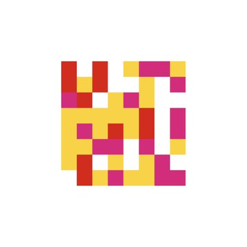 A pixel art design featuring a yellow face pattern with red and magenta squares on a white background, resembling a stylized character or emoji.