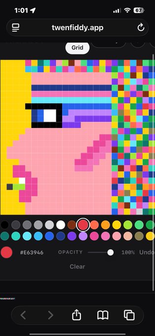 A mobile screenshot of the twenfiddy.app website showing a pixel art drawing in progress with various color palette options.