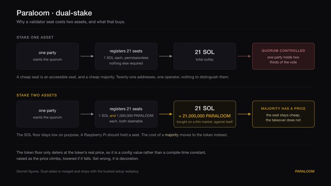 A graphic titled 'Paraloom · dual-stake' explains validator seat costs, showing diagrams for 'Stake One Asset' using 21 SOL versus 'Stake Two Assets' using 1 SOL and 1,000,000 PARALOOM.