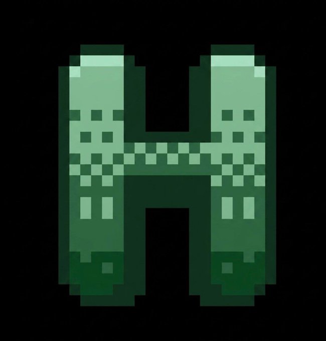 A pixel art green letter H against a black background.