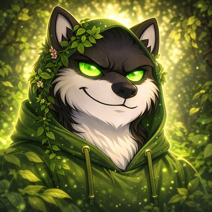 ursine, a wolf with green eyes and a hooded jacket, stands amidst lush greenery in a forest setting.