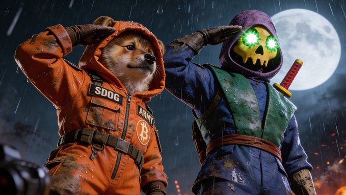 A digital illustration featuring two characters saluting in the rain under a full moon — a dog-headed character wearing an orange 'SDOG ARMY' jacket and a skeleton-masked character with glowing green eyes in a blue and green outfit, carrying a sword.
