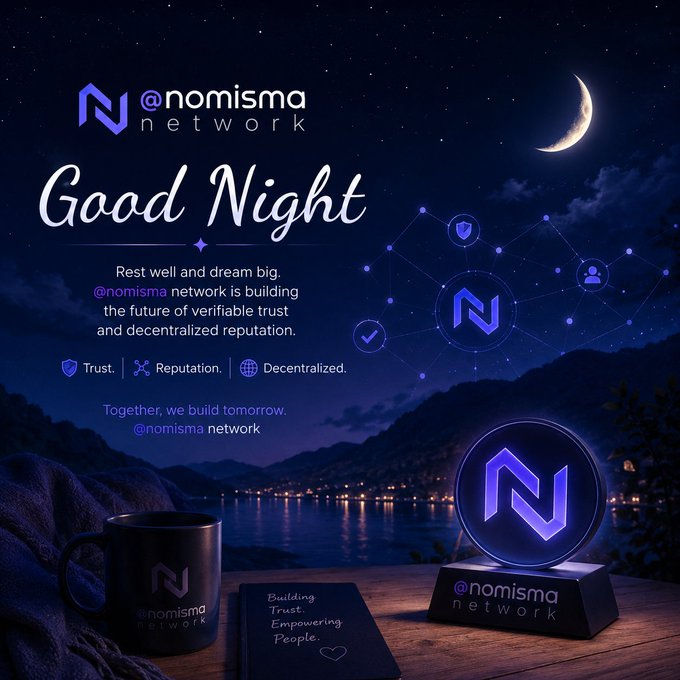 The image features a night scene of a moonlit lake with mountains in the background. There are two objects in the foreground - a coffee cup and a book. The text "Good Night" is written above the cup, while the words "Nomisma Network" appear below it. Below the cup, there's a post that reads: "Good Night, X Family! Wrapping up another productive day with @NomismaNetwork and enjoying seamless Web3 access through @useTria." The image also includes a logo for Nomisma Network on the right side of the coffee cup.