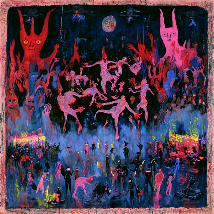 A dark, surreal, and chaotic painting featuring various demonic figures, pink humanoid creatures, and shadowy people against a black and blue background.