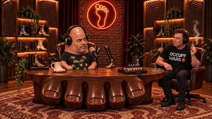 A surreal AI-generated image of a podcast studio where a man with a giant foot for a head sits at a table across from another man wearing an 'OCCUPY MARS' shirt.