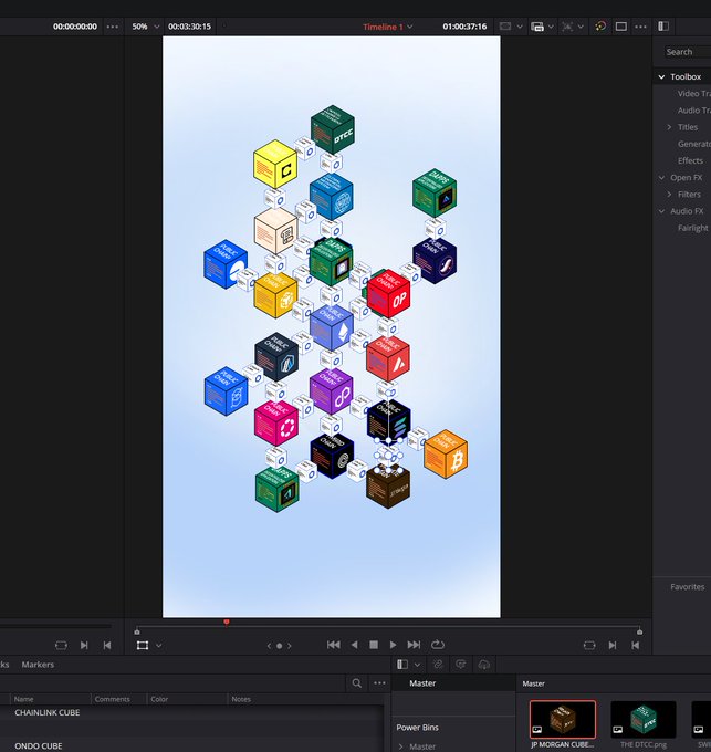 Video editing software interface showing a vertical composition with 3D Coinbase Ondo and Chainlink crypto cubes connected by lines, labeled 'CHAINLINK CUBE' and 'ONDO CUBE' in the timeline.