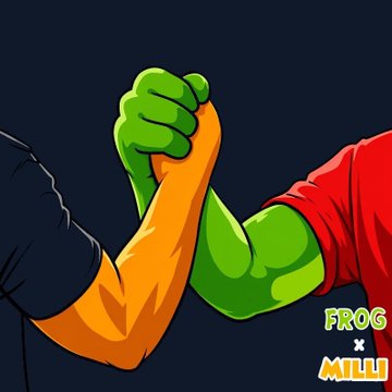 Two muscular arms clasp in a firm handshake, symbolizing a partnership or collaboration. The image includes the text "FROG x MILLI," representing the collaboration between Froggy and MilliCoin referenced in the post's updates about dApp improvements and token swap integrations.