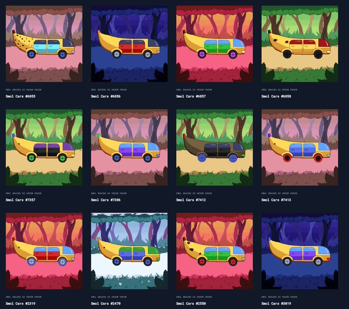 A grid of twelve cartoon-style 'Smol Cars' NFTs, each featuring uniquely designed vehicles with banana-themed elements displayed against various colorful forest backgrounds.