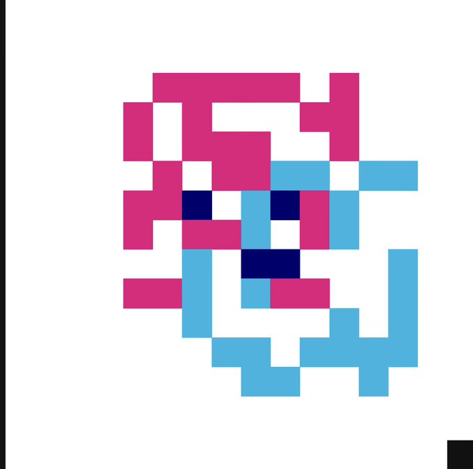 A pixel art portrait of a face composed of pink, light blue, and dark blue squares on a white background.