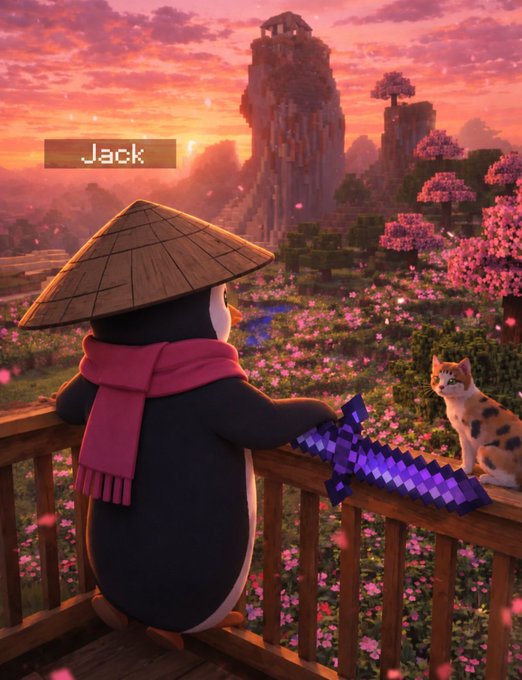 A Minecraft-style render showing a penguin character named "Jack" wearing a conical hat and pink scarf, holding a diamond sword, gazing over a pink cherry blossom landscape at sunset alongside a calico cat.