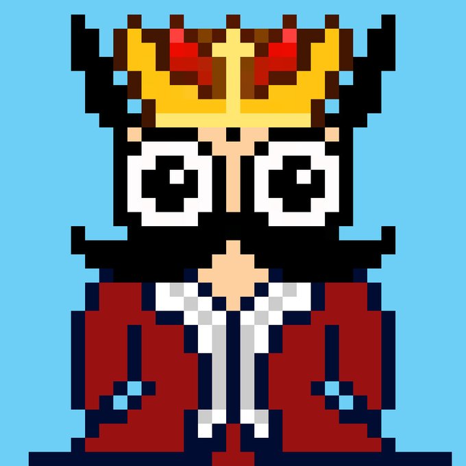 A pixel art character with wide eyes, a horned crown with red gemstones, and a red robe stands against a light blue background, depicting the "MoriOwl" NFT from tensor.trade being promoted in the post. The blocky, retro style matches the #PixelArt hashtag, illustrating the collectible character waiting for a buyer before the next wave of trading.