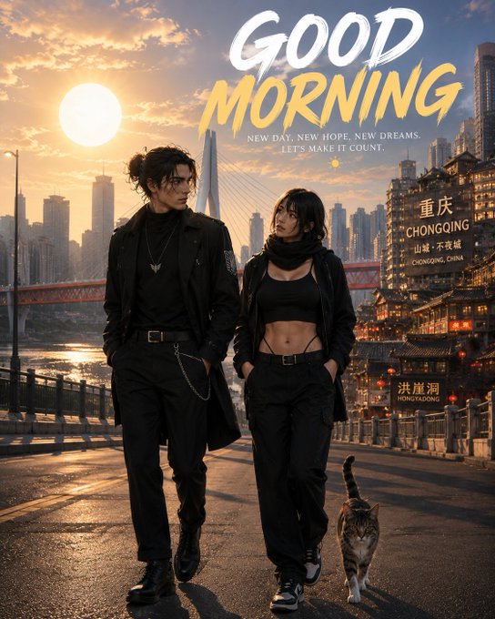 A 'GOOD MORNING' graphic with the text 'NEW DAY, NEW HOPE, NEW DREAMS, LET'S MAKE IT COUNT,' featuring a stylized couple in black outfits walking with a cat in Chongqing, China (重庆 · CHONGQING, 山城·不夜城), with text '洪崖洞 HONGYADONG' near a cityscape.