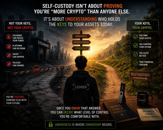 A self-custody educational graphic contrasting 'NOT YOUR KEYS, NOT YOUR CRYPTO' (exchange can freeze funds, platform can go down, hacks can happen, policies can change) with 'YOUR KEYS, YOUR CRYPTO' (you own your assets, control your future, sleep better, true financial freedom), featuring a person facing a crossroads and Ledger hardware wallet products.