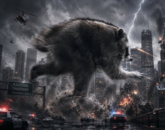 A dramatic digital artwork depicts a giant raccoon attacking a city with lightning and helicopters; a sign reads 'RACCOON TAKEOVER Population: You'.