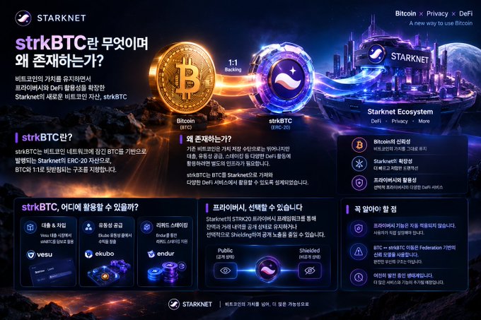 An infographic in Korean about 'strkBTC' on the Starknet blockchain, showing a 1:1 backing with Bitcoin (BTC) and featuring sections on ecosystem components like vesu, ekubo, and endur.