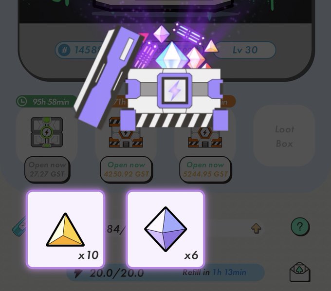 A STEP'N in-game loot box screen showing available Mystery Boxes priced in GST, with a refill timer showing gems available.