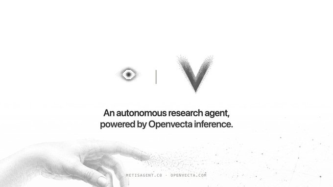 A minimalist grayscale advertisement featuring a stylized eye and the letter "V" above the tagline "An autonomous research agent, powered by Openvecta inference," with "METISAGENT.CB · OPENVECTA.COM" at the bottom—visually echoing the post's announcement of OpenVecta powering MetisAgent's onchain AI research via USDC billing on Solana.