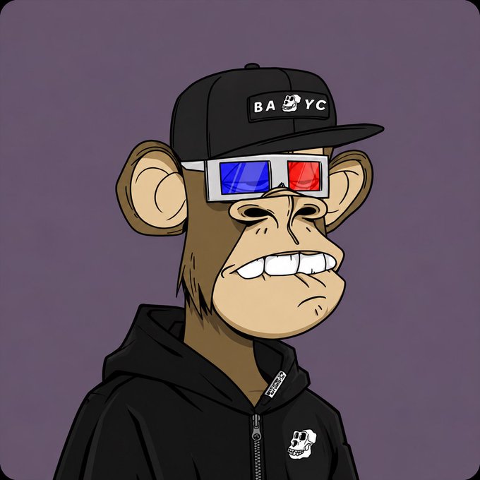 A digital illustration of a Bored Ape-style monkey wearing a black hoodie and a black cap with a 'BAYC' patch and skull logo, sporting classic 3D red-blue anaglyph glasses.