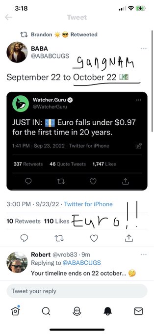 A Twitter screenshot from September 23, 2022, featuring a retweeted post from @ABABCUGS captioned 'September 22 to October 22' with handwritten text 'GANGNAM', a retweeted Watcher.Guru article about the Euro falling under $0.97 with handwritten 'Euro!', and a reply from @vrob83.