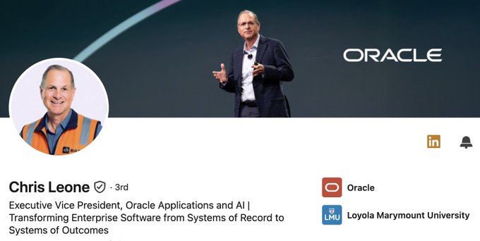 A LinkedIn post by Chris Leone, Executive Vice President of Oracle Applications and AI, featuring his photo and a picture of him presenting on stage with the Oracle logo.