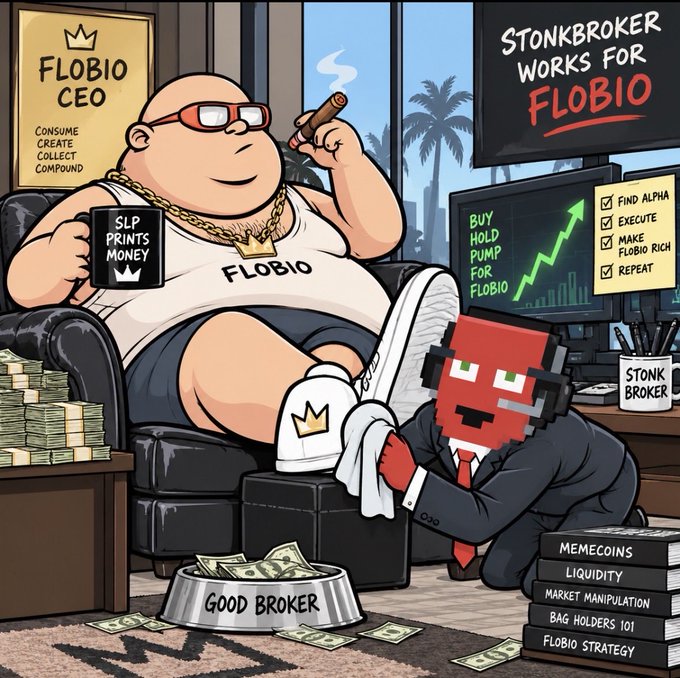A cartoon illustration depicts a large man labeled 'FLOBIO CEO' smoking a cigar in an office, while a smaller red character named 'STONK BROKER' cleans his shoes, surrounded by text about meme coins and liquidity.